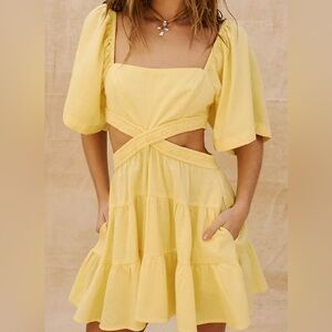 Free People Yellow Puff Sleeve Wrap Sundress